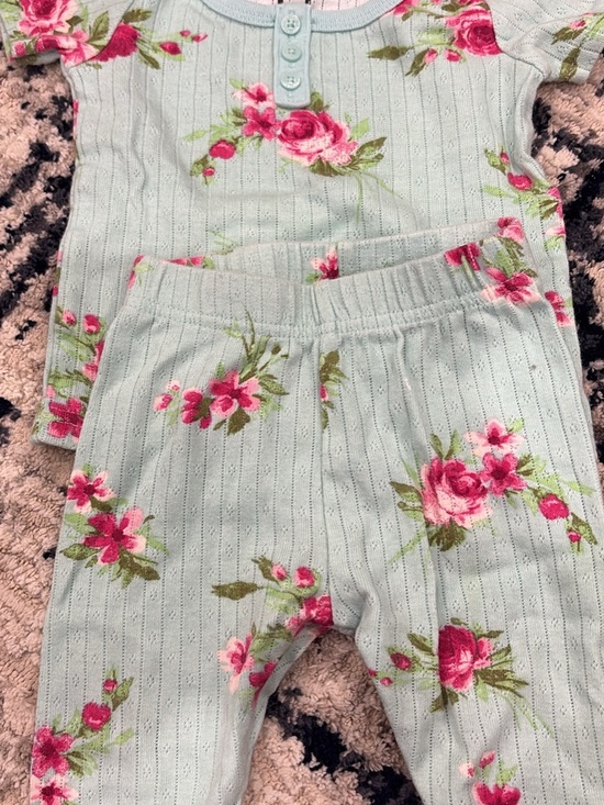 Pj Place Other - Kids Floral Thermal Matching Set - Light Mint with Pink Roses